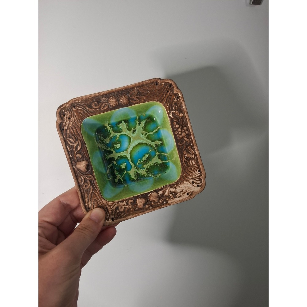 Vintage Treasure Craft USA 394 Ceramic Dish Green Blue Drip Glaze Wood Look